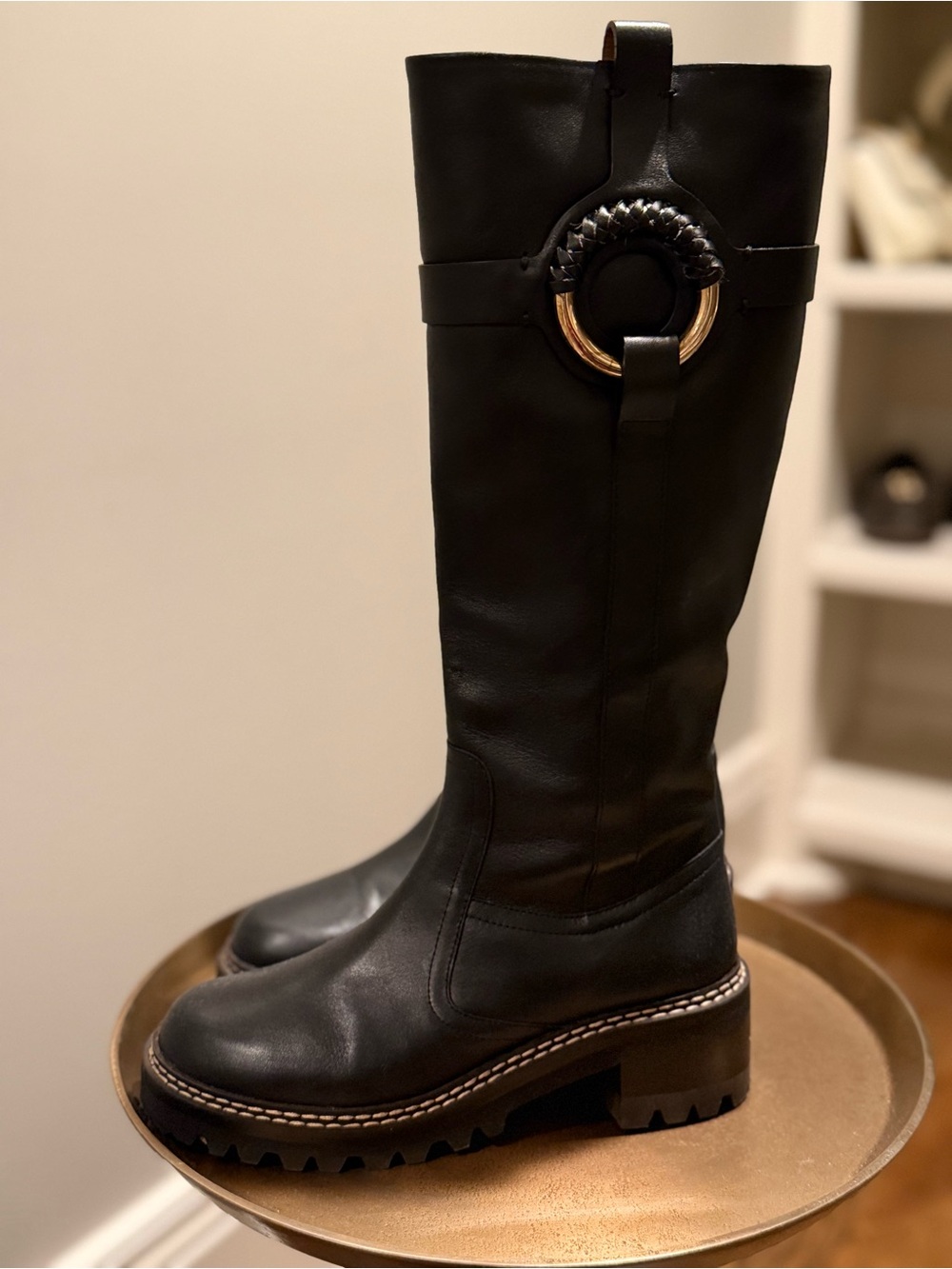 See By Chloe Black Leather Knee-High Riding Boots with Braided Ring - Picture 2 of 7